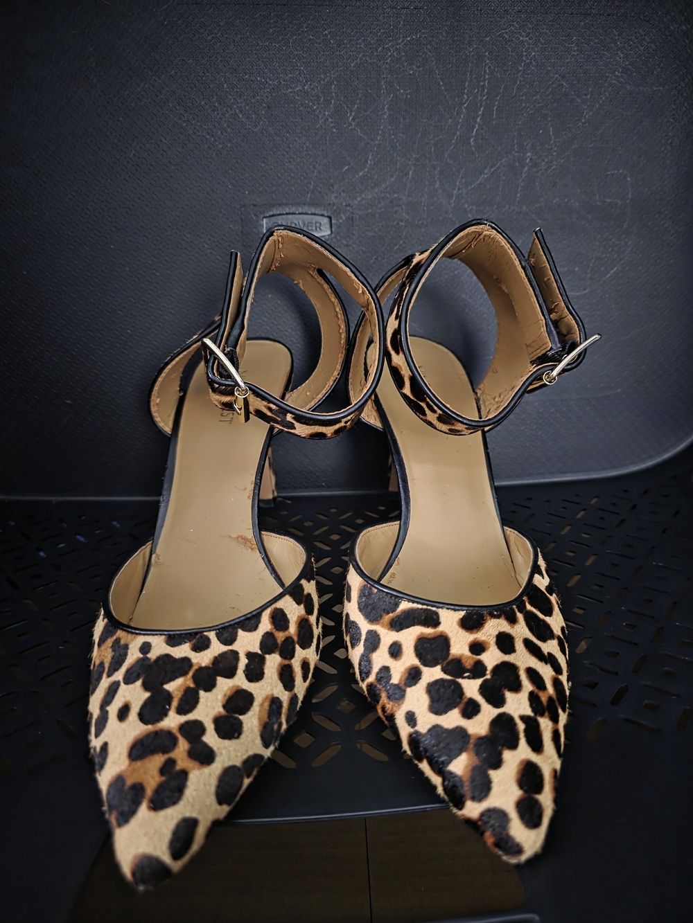 Nine West Leopard Print Pointed Ankle Strap Heels - Tan & Black